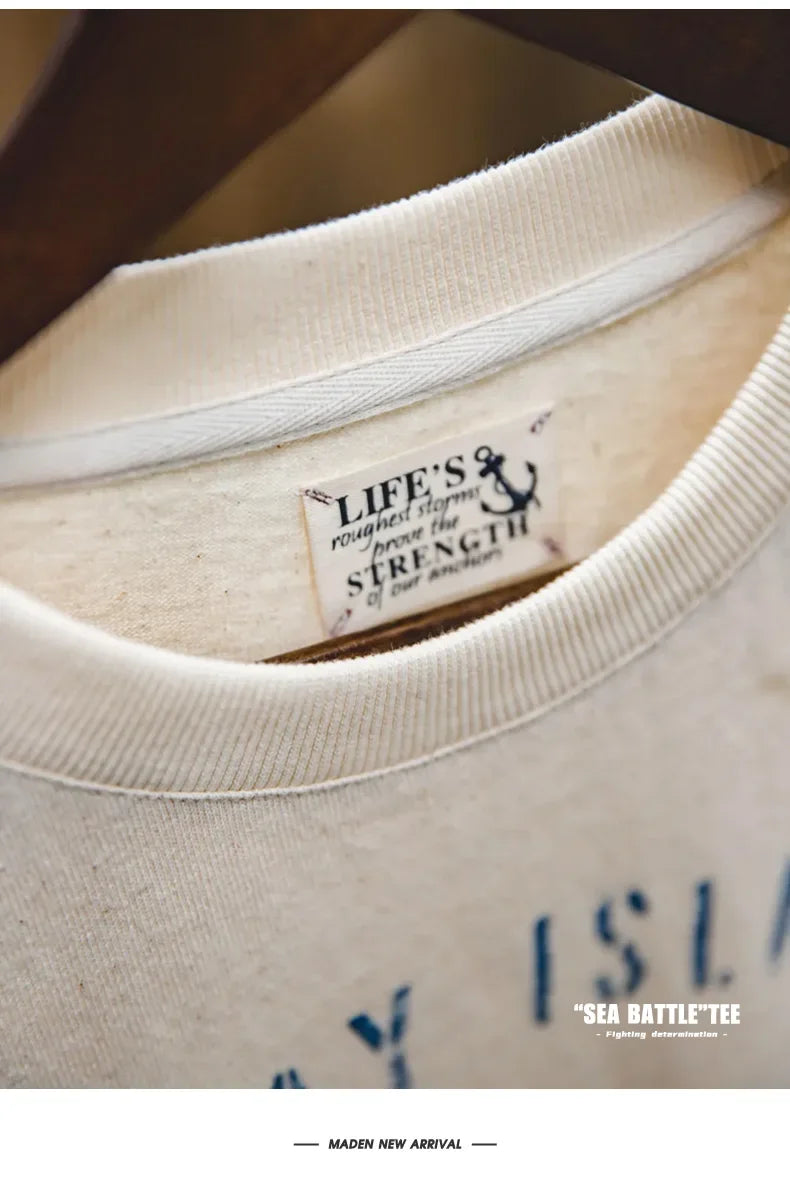 Maden Vintage Letter Print Cotton Short Sleeve T-Shirt Men's Summer Loose Fit Ribbed Crew Neck Tee Casual Street Tops for Daily