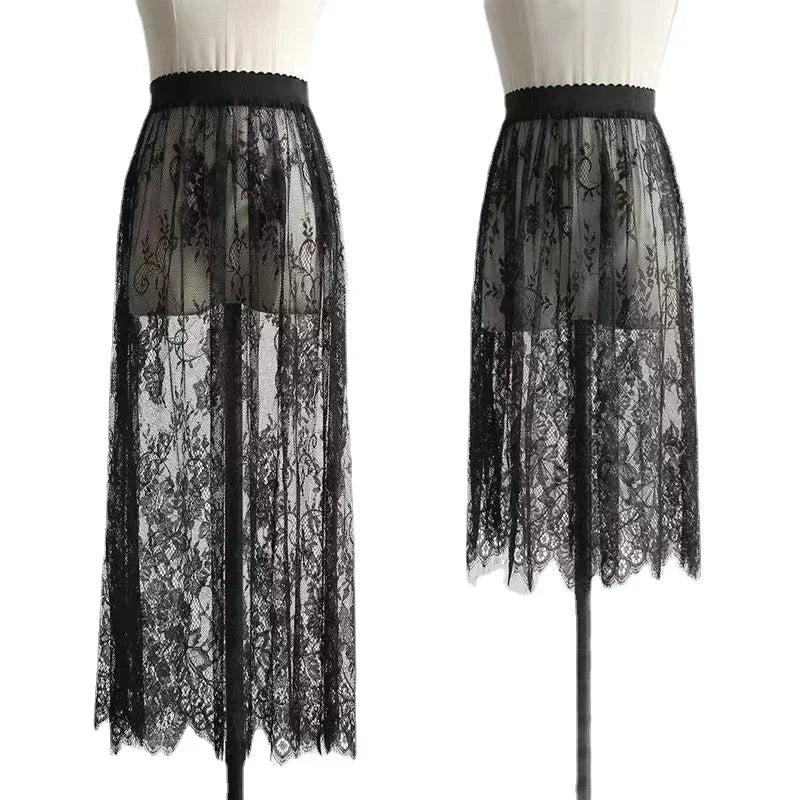 2 Length Elegant Black Skirt White Lace Transparent Long Tulle Skirt Ladies Elastic High Waist Beach Midi Skirt Drop shipping.