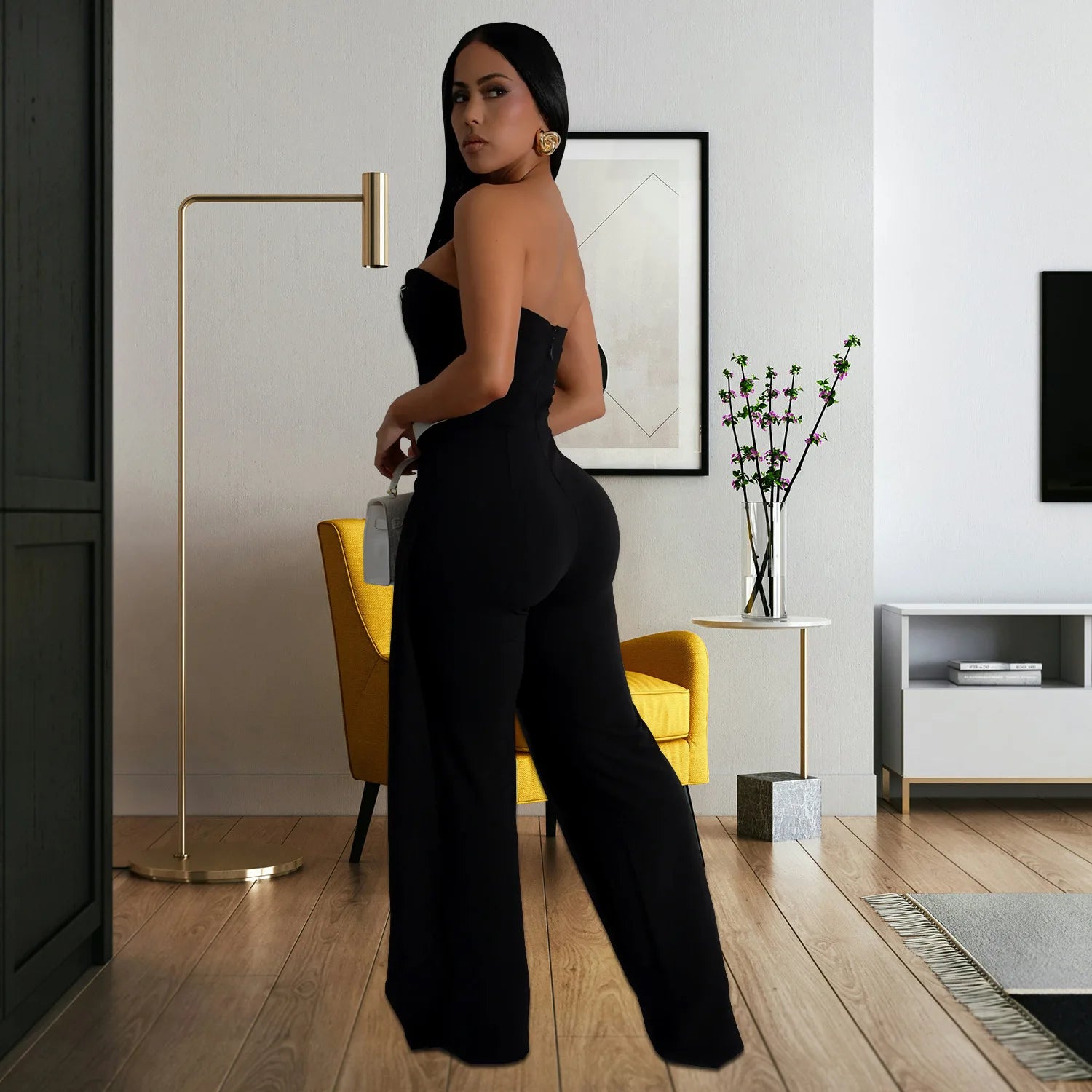 Elegant Sleeveless Wrap Chest Women's Button Strapless Irregular Jumpsuits 2025 One PieceWide Leg Outfits Night Club Streetwear.