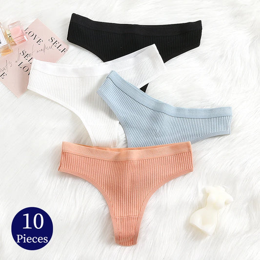 WarmSteps 10PCS Women's Panties Set Simple Striped Thongs Female Cotton Underwear Sexy Lingerie Cozy Sports G-Strings Underpants.