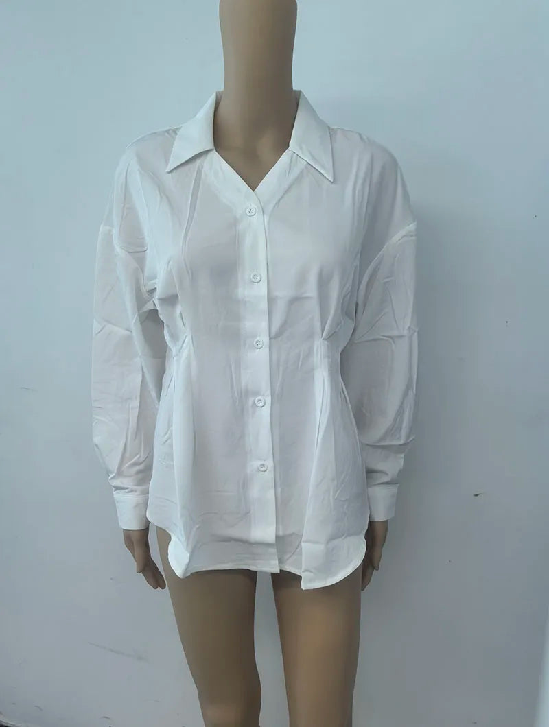 Waist Cinched Slimming Long Sleeve Shirts Women Spring Autumn All-Match Single Breasted Chic Shirt New Temperament Solid Tops.