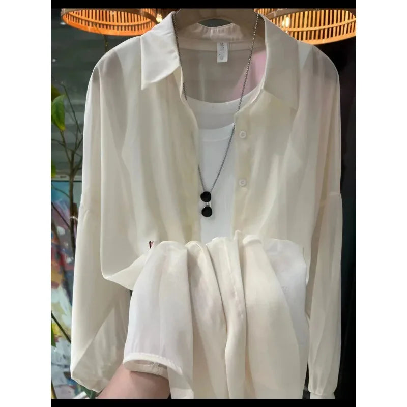 1pcs Woman Four Seasons Shirt Lady Thin Sunscreen Shirts Female Casual Long Sleeve Turn-down Collar Loose Med-Length Style Tops