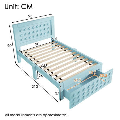 Jugendbett mit kreativem Blockdesign, Gestell aus Massivholz mit Gitterrost, mit Stauraum unter dem Bett, ohne Matratze