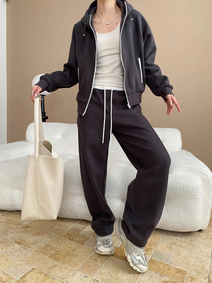 Spring and Autumn Women's Casual Solid Color Loose Hooded Sweatshirt+High Waist Loose Pants Set