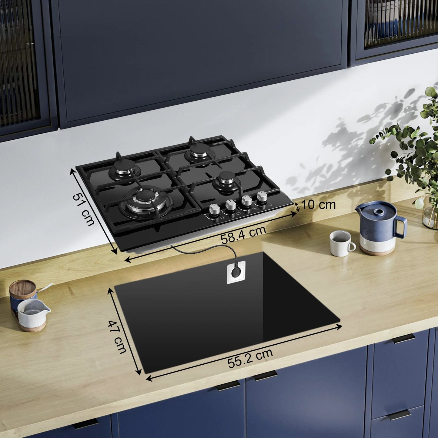 ‌58cm Gas Hob | 4 Burner Dual Fuel (NG/LPG) 8060W Auto Flame Shut-off & Tempered Glass Surface | Built-in/Freestanding 220-240V.