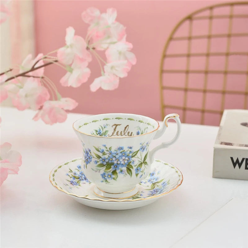 Coffee Cup and Saucer Set Month Flower Mug Bone China Drinking Set Ceramic Cup and Saucer Home Teacup Dessert Saucer Gifts