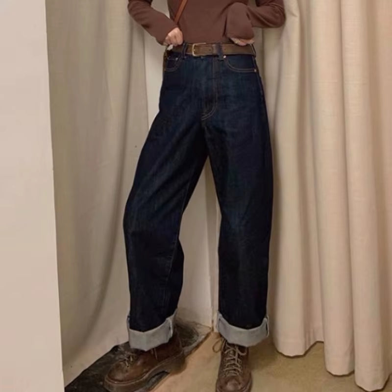 Jeans Women Retro Blue Wide-Leg Trousers Slouchy Jean Loose Simple Classic Student Autumn Full Female Harajuku Ins Denim Leisure.