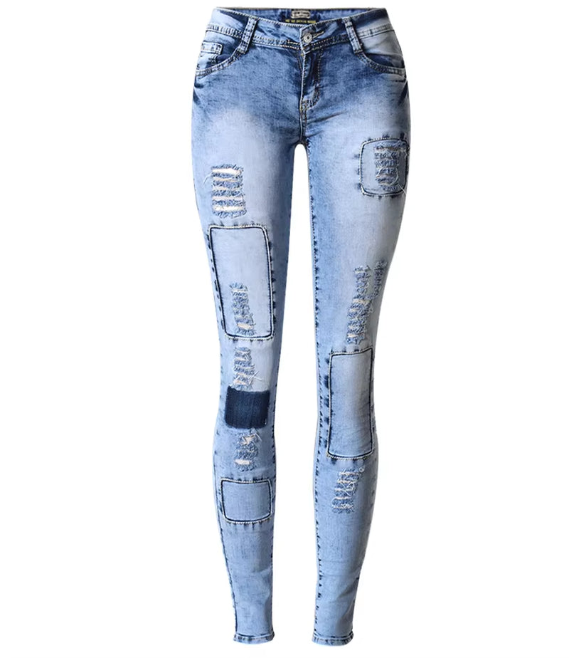 Summer Style Low Waist Sky Blue Patchwork Skinny Tights Women Pencil Jeans High Stretch Sexy Push up Denim Women Fashion Jeans.