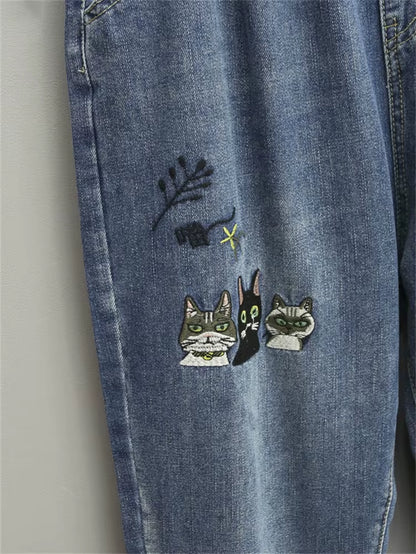 8265 Women Fashion Korea Style Cartoon Cat Embroidery Baggy Elastic Waist High Waist Denim Cropped Pants Female Harem Jeans.