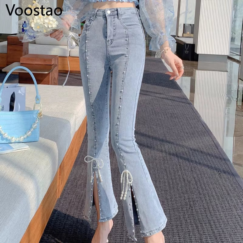 Spring Autumn Sweet High Waist Split Denim Pants Women Elegant Chic Beading Bowknot Boot Cut Pants Girls Vintage Fairy Jeans.