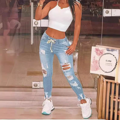 European and American Women'S Clothing Jeans for Women Amazon Exclusive Elastic Waist High Elasticity.