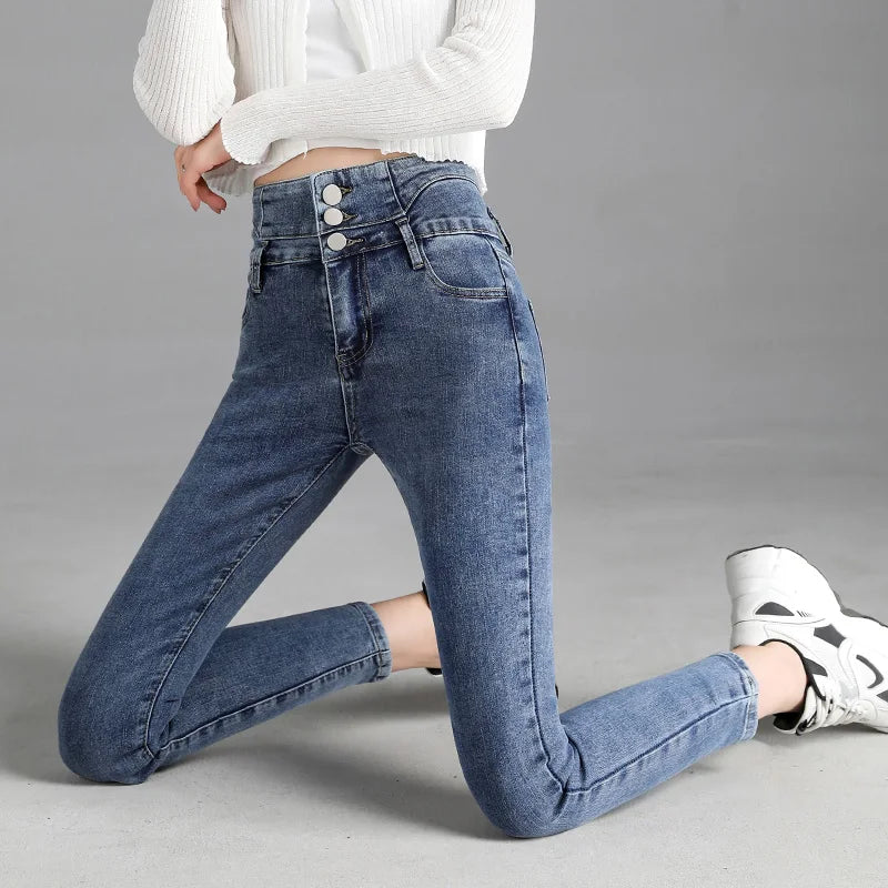 High-Quality New Vintage High-Waist Stretch Skinny Jeans, Women'S Fashion Stretch Button Pencil Pants, Mom Casual Jeans Pants.