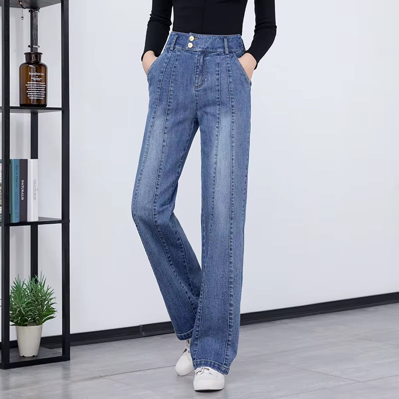 Women Straight Leg Striped Stretch 99.3% Cotton Denim Jeans for Autumn Winter Thicken Jeans 2025 New Fashion High Waist Oversize.