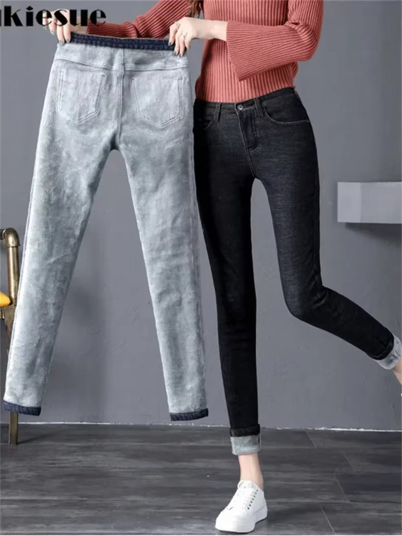 2022 Winter Jeans Women Gold Fleeces inside Thickening Denim Pants High Waist Warm Trousers Female Jeans Woman Pants.