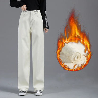 Winter Jeans Women Warm Denim Trousers High Waist Casual Loose Female Denim Pants Thick Velvet Cotton Wide Leg Woman Jeans.