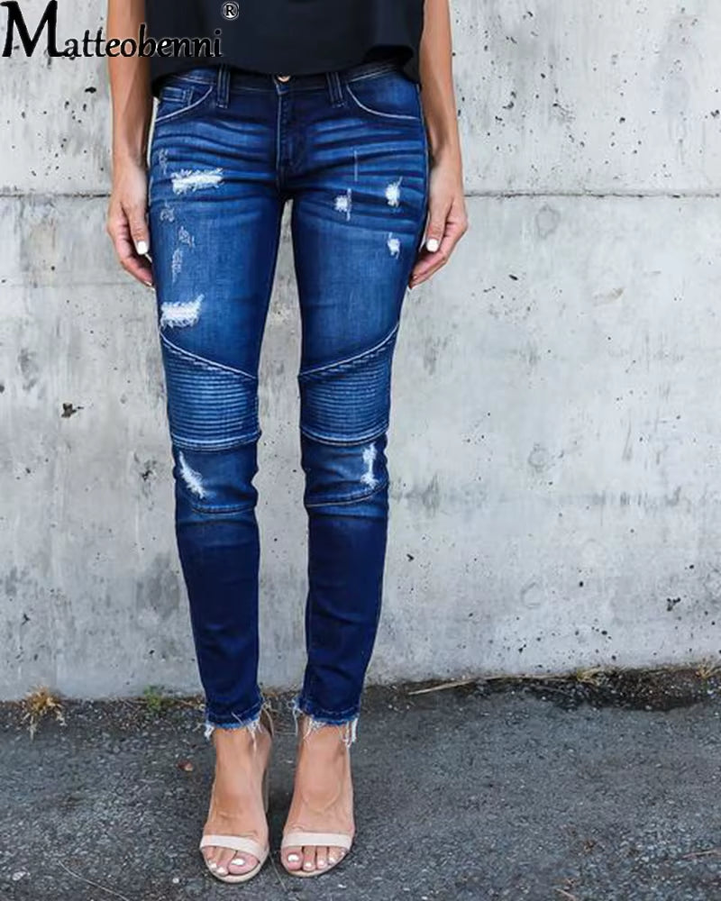 Fashion Mid Waist Skinny Jeans Women Vintage Distressed Denim Pants Autumn Crimped Destroyed Pencil Casual Ripped.