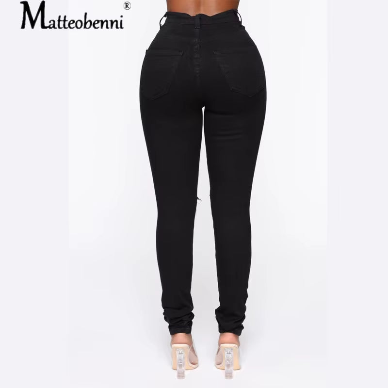 New Black Pencil Jeans High Waist Push up Skinny Ripped Jeans Denim Sexy Holes Destroyed Knee Pant Ladies Jeans Femme Trousers.