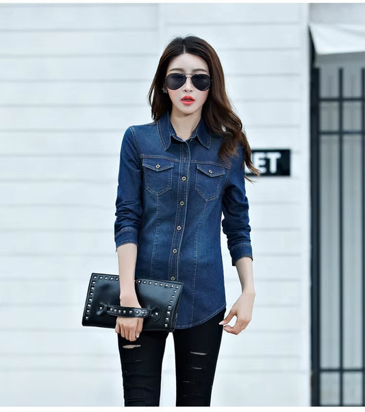 Jeans Shirt Women 2019 Long Sleeve Slim Casual Vintage Elastic Ladies Denim Shirts Tops Blusas Feminina Woman Blouses and Tops.