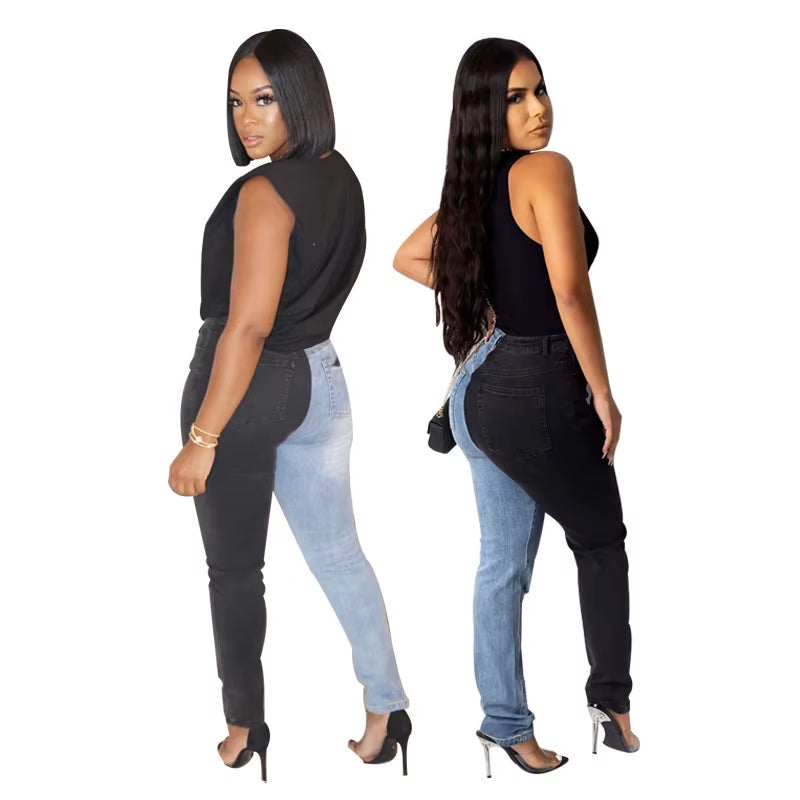 2021 Hot Sale Black Blue Contrast Color High Waist Jeans for Women Fashion Hole Stretch Denim Pencil Pants Hipster Trousers.