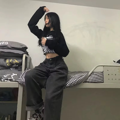 Women Jeans Vintage Adjustable High Waist BF Wide Leg Trousers Autumn New Ins All-Match Streetwear Retro Korean Chic Boyfriend.