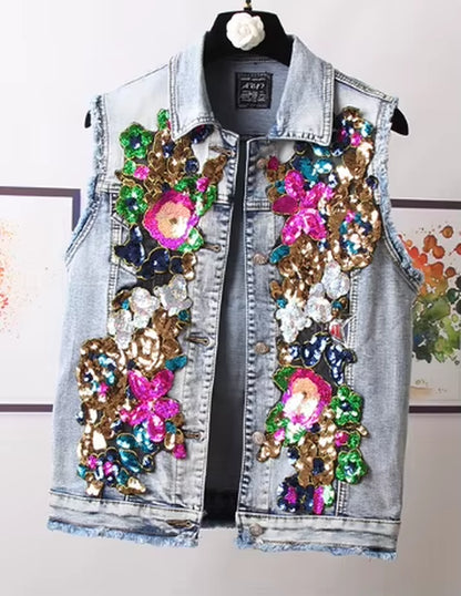 European Style Denim Jacket Fashion Outfit Women New Flower Sequined Jeans Vest Coat.