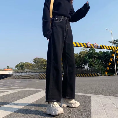 Jeans Women All-Match Korean Style Mopping Trousers Denim Vintage Black Solid High Waist Autumn Baggy Chic Ulzzang Street Casual.