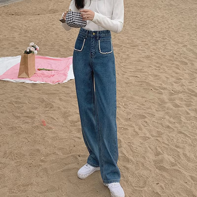 Jeans Women High Waist Vintage Peals Straight Wide Leg Mopping Denim Trousers for Female Retro Streetwear Casual Simple Stylish.