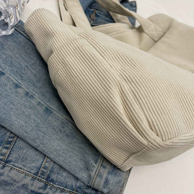 Women's Casual Corduroy Tote Bag Striped Shoulder Bag with Fixed Straps Zipper Large Capacity Handbag for Daily Outings and Shop.