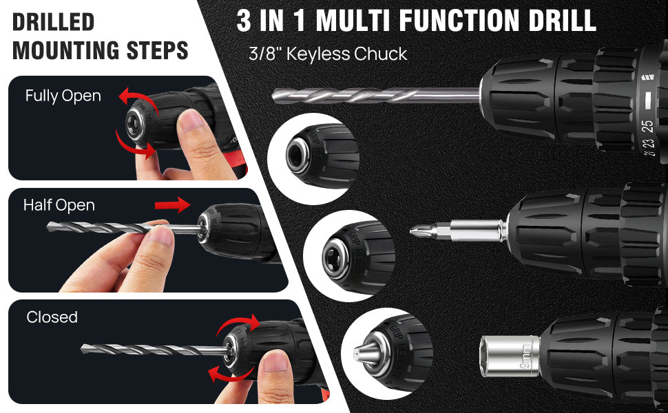 21-V-Batteriebohrmaschine, Elektroschrauber mit 45 Nm, 25+1 Spanndrehmomenteinstellungen, 29-teiliges Zubehör, LED-Licht, Sicherheitsbohrmaschine
