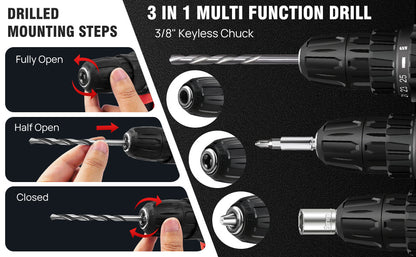 21-V-Batteriebohrmaschine, Elektroschrauber mit 45 Nm, 25+1 Spanndrehmomenteinstellungen, 29-teiliges Zubehör, LED-Licht, Sicherheitsbohrmaschine
