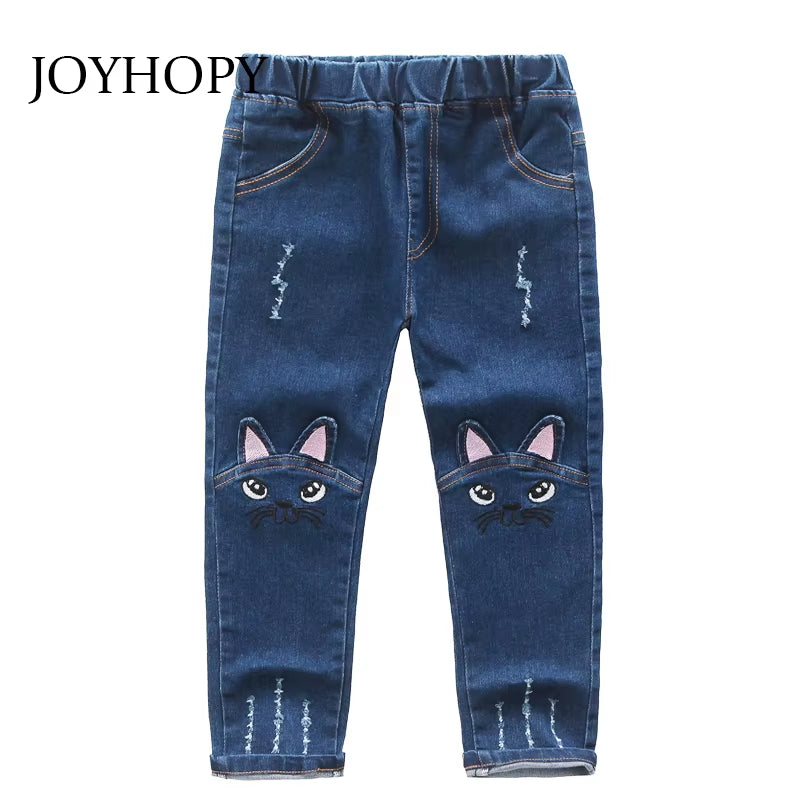Cute Cartoon Pattern Kids Jeans Spring Autumn Winter Lovely Cat High Quality Children Pants Casual Trouses Baby Girls Jeans.