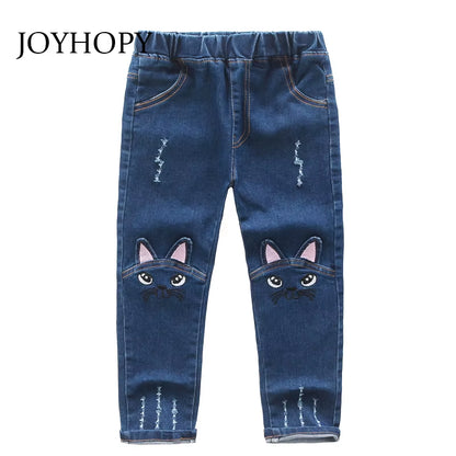 Cute Cartoon Pattern Kids Jeans Spring Autumn Winter Lovely Cat High Quality Children Pants Casual Trouses Baby Girls Jeans.