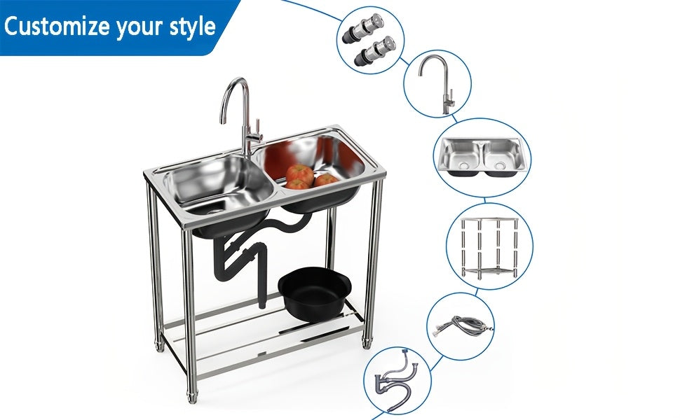 Doppelspüle aus Edelstahl mit Warm- und Kaltwasserhähnen und Ablaufset, perfekt für Garten und Camping