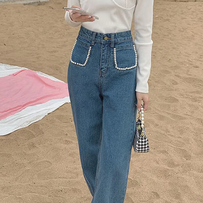 Jeans Women High Waist Vintage Peals Straight Wide Leg Mopping Denim Trousers for Female Retro Streetwear Casual Simple Stylish.
