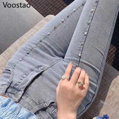 Spring Autumn Sweet High Waist Split Denim Pants Women Elegant Chic Beading Bowknot Boot Cut Pants Girls Vintage Fairy Jeans.