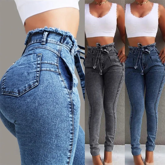 High Waist Jeans for Women Slim Stretch Denim Jean Bodycon Tassel Belt Bandage Skinny Push up Jeans Woman Clothe 4XL 5XL.