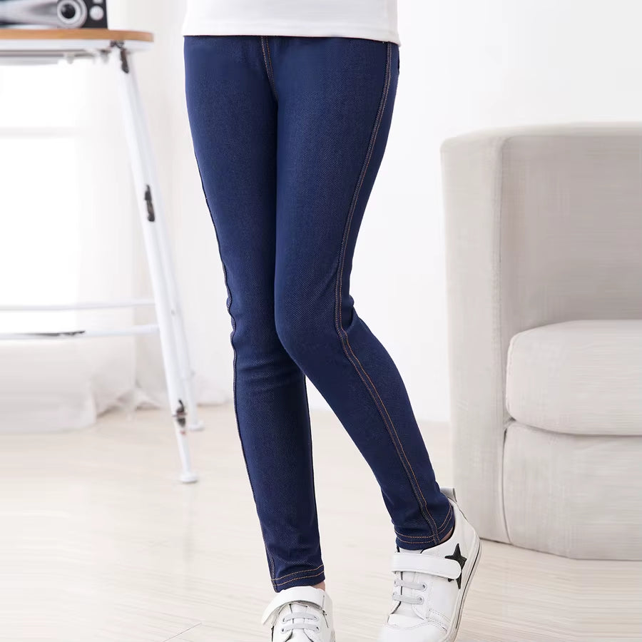 Sheecute New Spring Summer Fashion Girls Pencil Knit Imitation Denim Fabric Jeans Kids Candy Colore Mid Waist Full Length Pants.