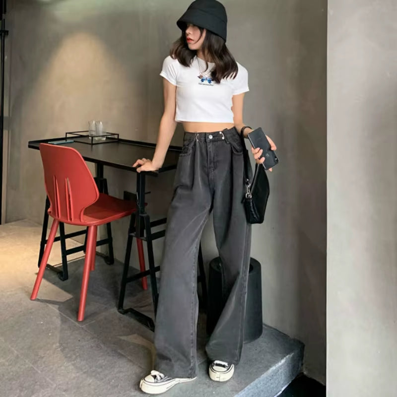 Women Jeans Vintage Adjustable High Waist BF Wide Leg Trousers Autumn New Ins All-Match Streetwear Retro Korean Chic Boyfriend.