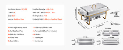 SucceBuy 8 Qt 4 Pack Chafing Dish Buffet Set Stainless Steel Chafer with 2 Full Size and 4 Half Size Pans Catering Warmer Server.