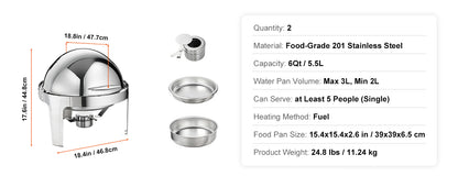 SucceBuy Roll Top Chafing Dish Buffet Set 6 Qt 2 Pack Stainless Steel Chafer with 2 Full Size Pans Round Catering Warmer Server.