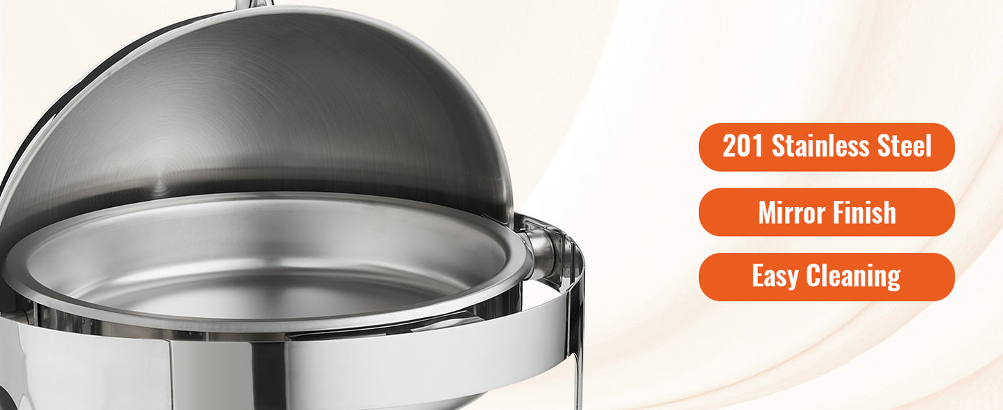 SucceBuy Roll Top Chafing Dish Buffet Set 6 Qt 2 Pack Stainless Steel Chafer with 2 Full Size Pans Round Catering Warmer Server.