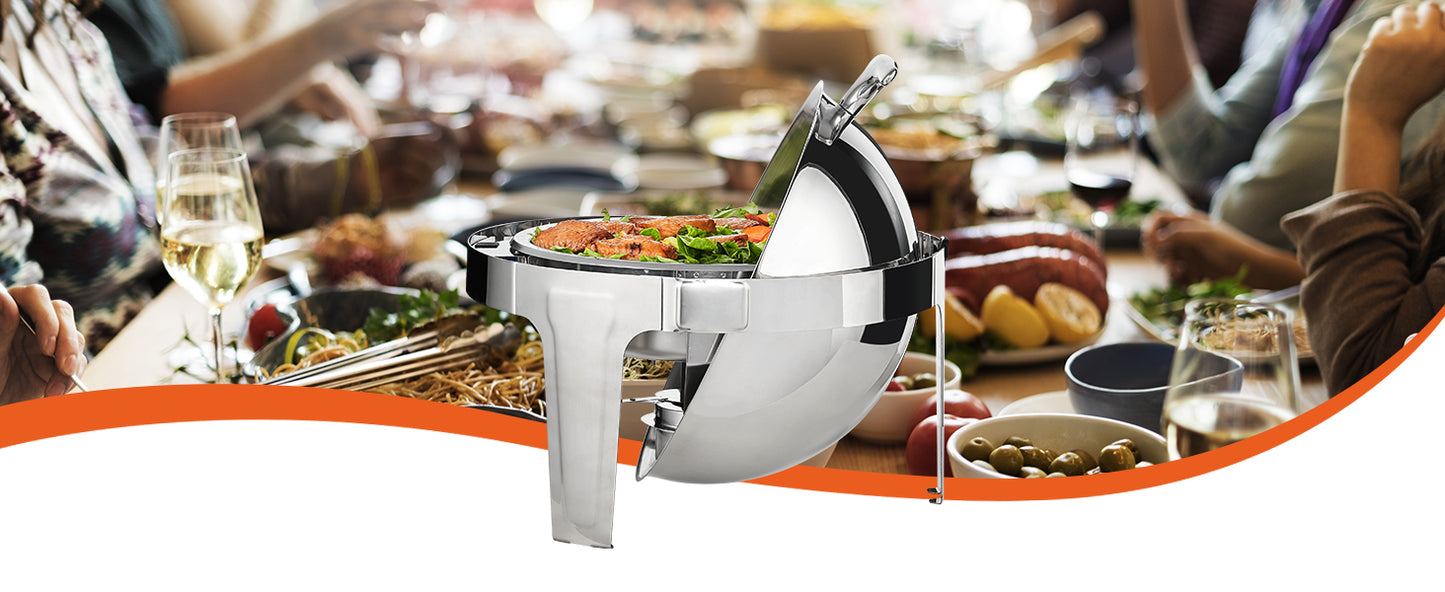SucceBuy Roll Top Chafing Dish Buffet Set 6 Qt 2 Pack Stainless Steel Chafer with 2 Full Size Pans Round Catering Warmer Server.