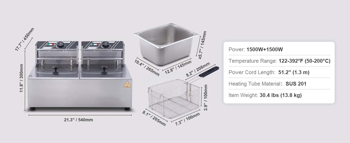 SucceBuy 12L 3000W Commercial Electric Deep Fryer w/Dual Tanks  Stainless Steel Countertop Fryer for Fried Chicken French Fries.