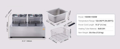SucceBuy 12L 3000W Commercial Electric Deep Fryer w/Dual Tanks  Stainless Steel Countertop Fryer for Fried Chicken French Fries.
