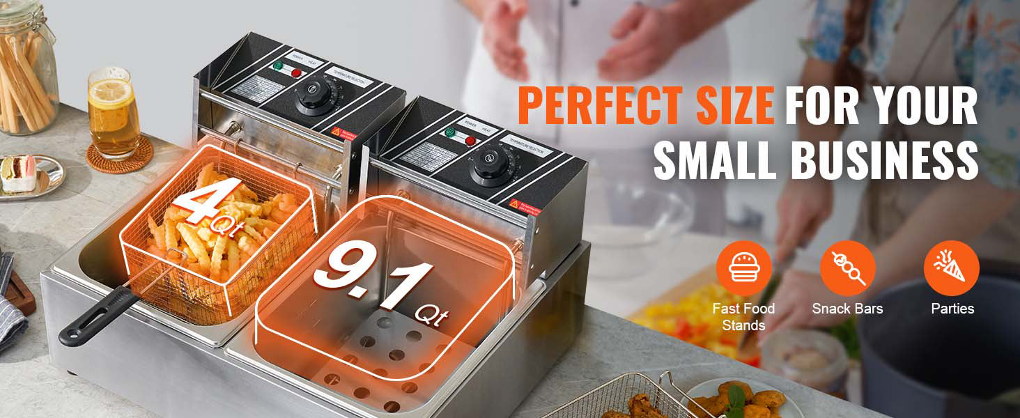 SucceBuy 12L 3000W Commercial Electric Deep Fryer w/Dual Tanks  Stainless Steel Countertop Fryer for Fried Chicken French Fries.