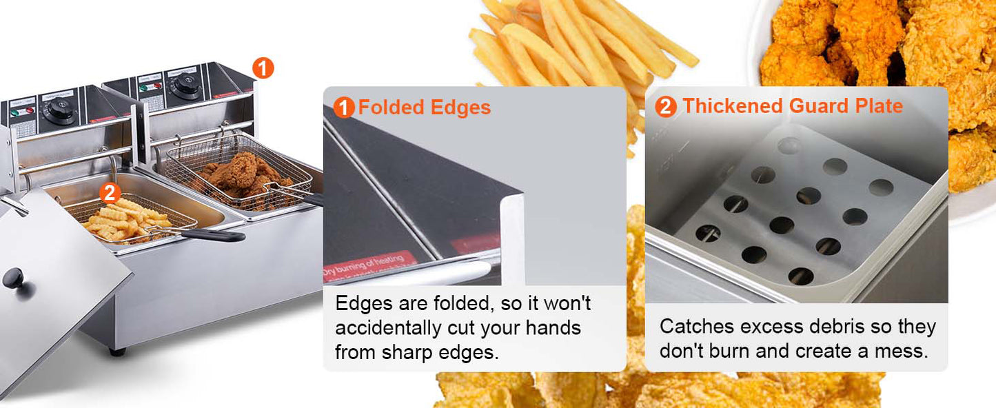 SucceBuy 12L 3000W Commercial Electric Deep Fryer w/Dual Tanks  Stainless Steel Countertop Fryer for Fried Chicken French Fries.