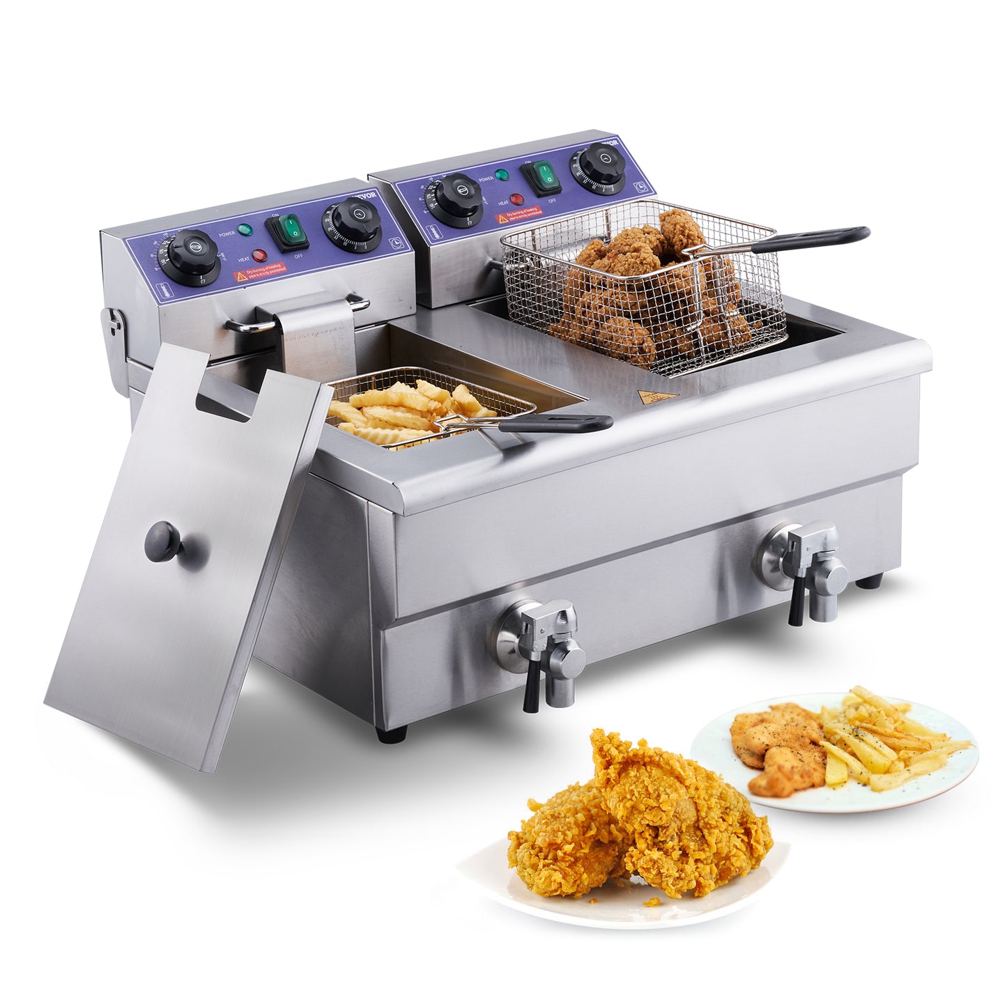 SucceBuy 12L Commercial Electric Deep Fryer w/Dual Tanks 3000W  Stainless Steel Countertop Fryer for Fried Chicken French Fries.