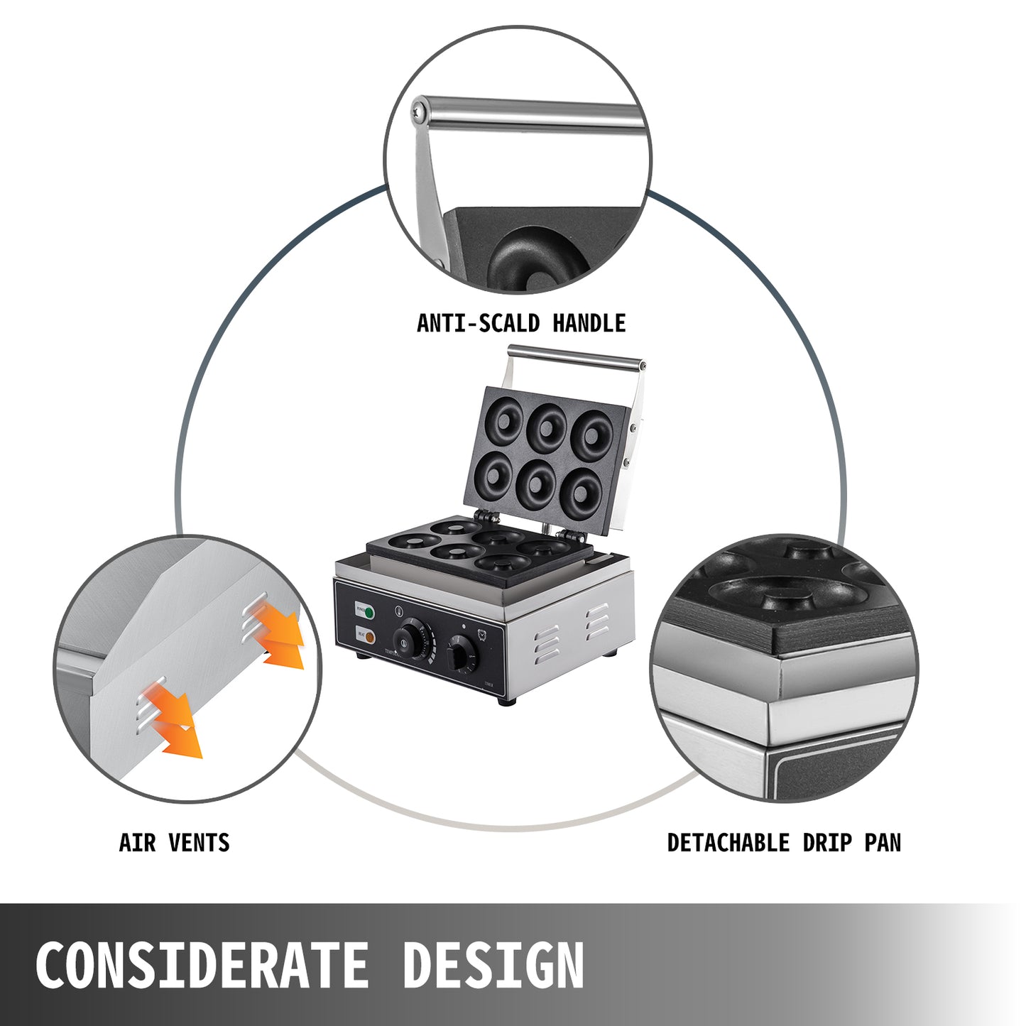 SucceBuy 6 Hole Electric Sweet Donut Maker Stainless Steel Non Stick Commercial Donut Waffle Cookies Gaufriers Kitchen Appliance.