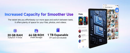 Android 15 Tablet 10 Inch OS GMS Certified Tablets 1.8 GHz 5-Core 20GB RAM 64 GB ROM 1TB Expand WiFi 6 Bluetooth 5.4 Dual Camera.