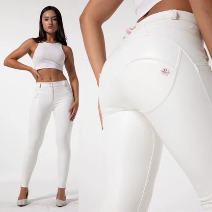 Shascullfites Melody Women Jeans Fashion White Elastic Push up Sexy Slim Coated Faux Leather Pencil Pants Skinny Lady Trousers.
